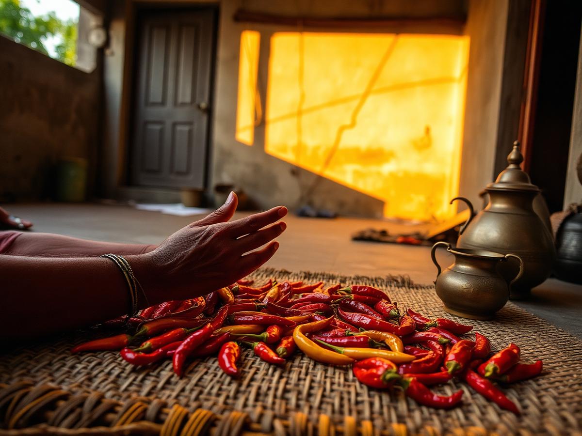 Sun drying red chillies the traditional way